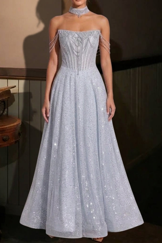 Ice blue Glitter-dusted tulle A-line Gown
