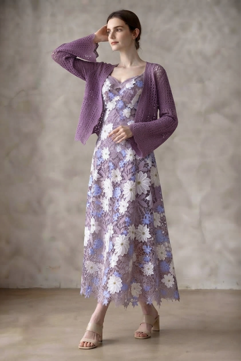 Lavender Purple Embroidered Mesh Overlay Dress with Solid Lining and Matching Knit Shrug Two-Piece Set
