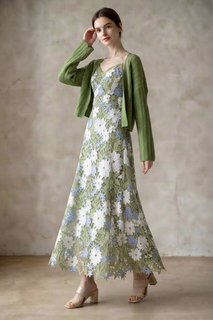Green Floral Lace Slip Dress & Cropped Shrug Two-Piece Set