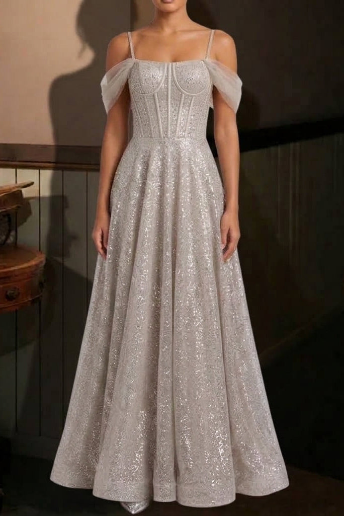 champagne sequined tulle A-line evening gown