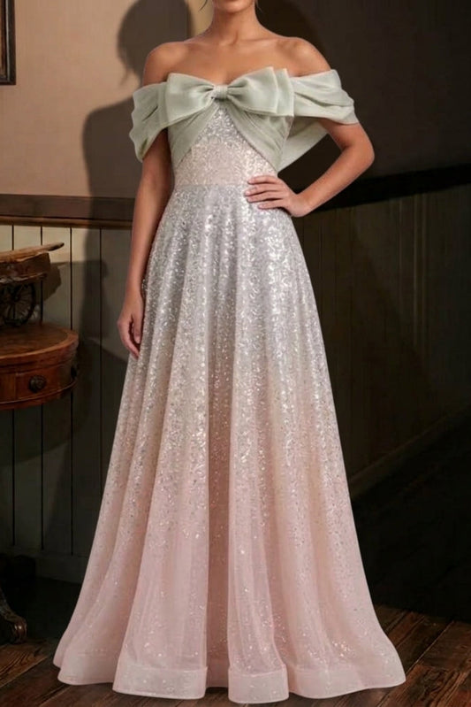 silver sequined tulle a-line gown