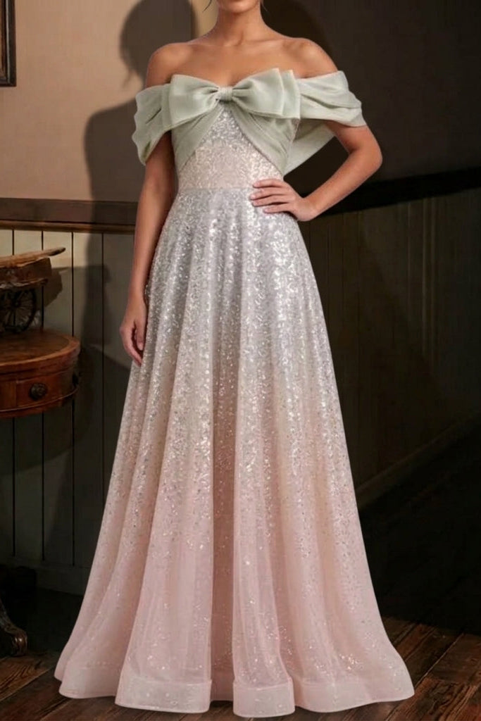 silver sequined tulle a-line gown