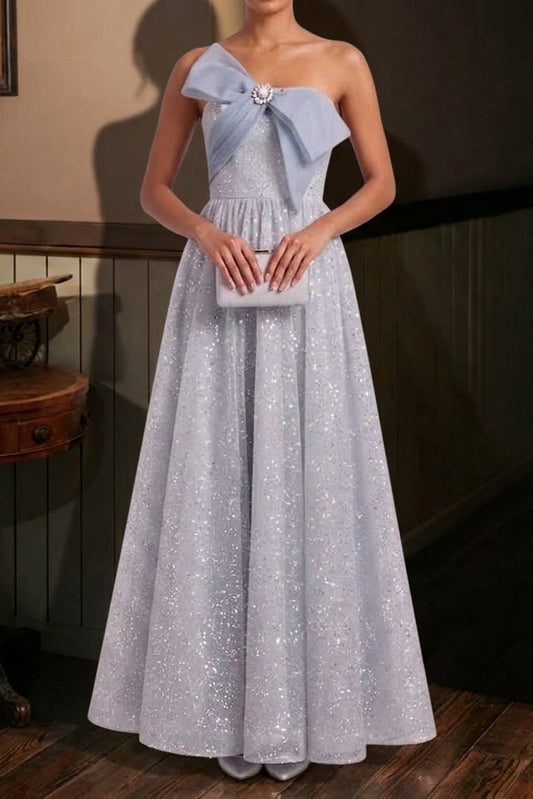 Silver-Blue Glitter Tulle A-Line Evening Gown
