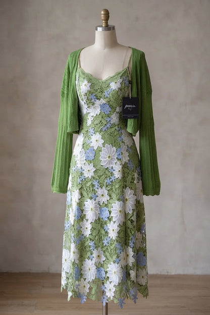 Green Floral Lace Slip Dress & Cropped Shrug Two-Piece Set