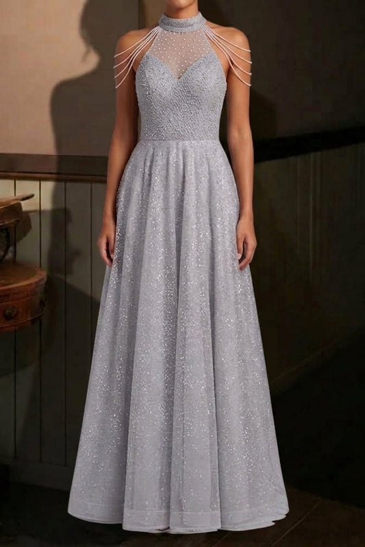 Silver Tulle A-Line Evening Gown