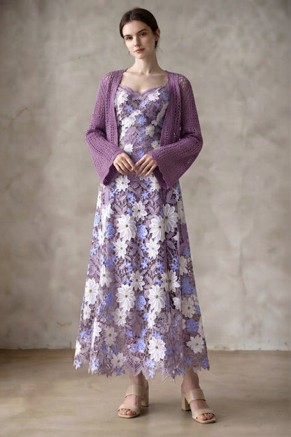 Lavender Purple Embroidered Mesh Overlay Dress with Solid Lining and Matching Knit Shrug Two-Piece Set