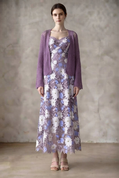 Lavender Purple Embroidered Mesh Overlay Dress with Solid Lining and Matching Knit Shrug Two-Piece Set