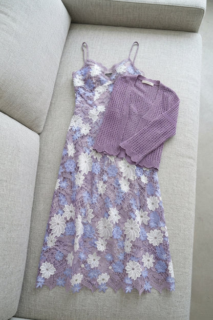 Lavender Purple Embroidered Mesh Overlay Dress with Solid Lining and Matching Knit Shrug Two-Piece Set