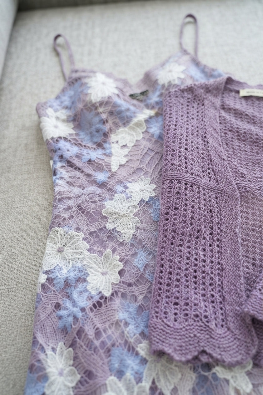 Lavender Purple Embroidered Mesh Overlay Dress with Solid Lining and Matching Knit Shrug Two-Piece Set