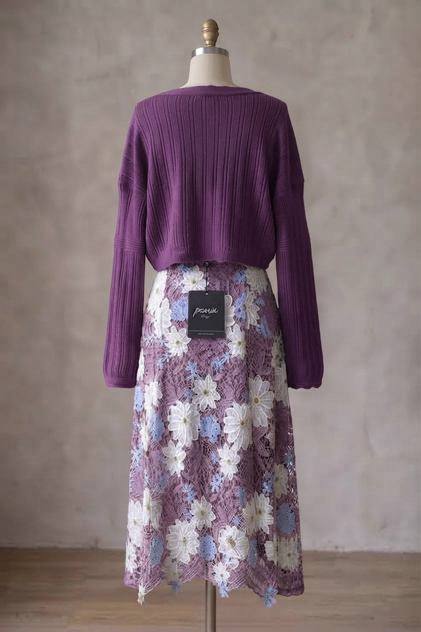 Lavender Purple Embroidered Mesh Overlay Dress with Solid Lining and Matching Knit Shrug Two-Piece Set
