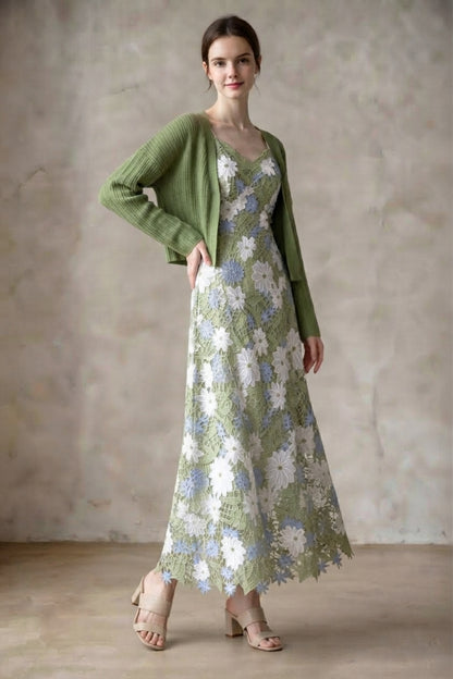 Green Floral Lace Slip Dress & Cropped Shrug Two-Piece Set