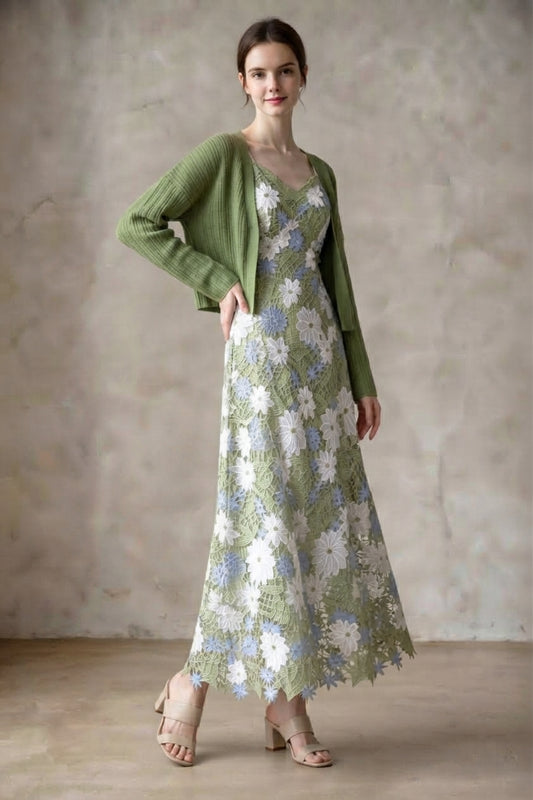 Green Floral Lace Slip Dress & Cropped Shrug Two-Piece Set