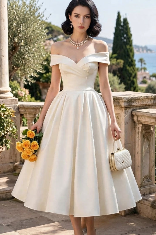 Off-the-Shoulder Minimalist Midi Dress - Off-White