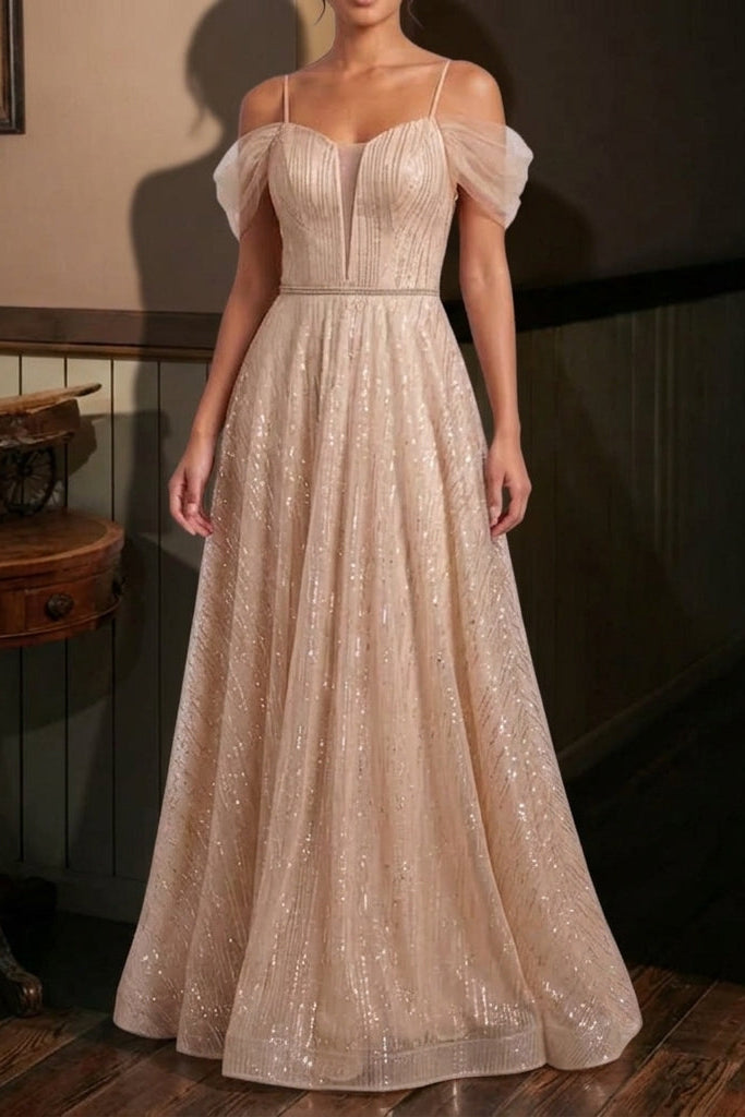 champagne gold glitter tulle a-line evening gown