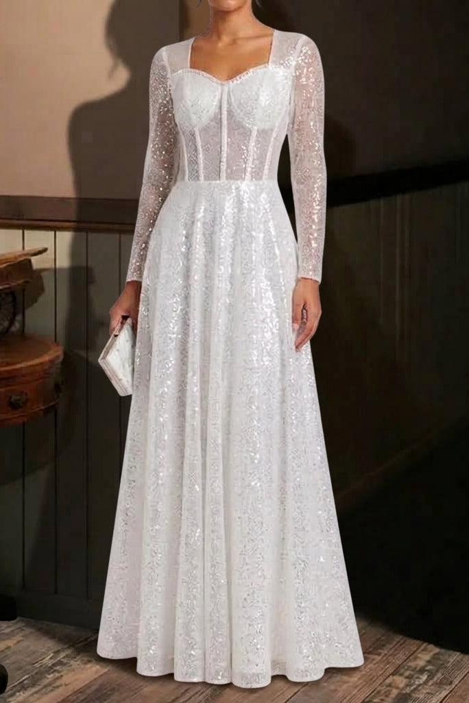 white sequined tulle A-line gown