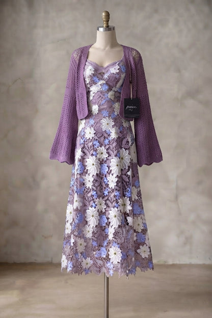 Lavender Purple Embroidered Mesh Overlay Dress with Solid Lining and Matching Knit Shrug Two-Piece Set