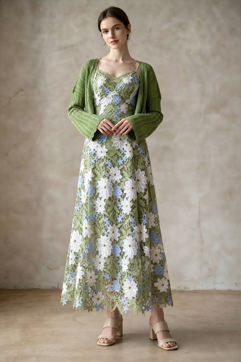 Green Floral Lace Slip Dress & Cropped Shrug Two-Piece Set