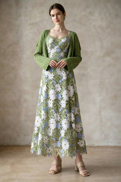 Green Floral Lace Slip Dress & Cropped Shrug Two-Piece Set