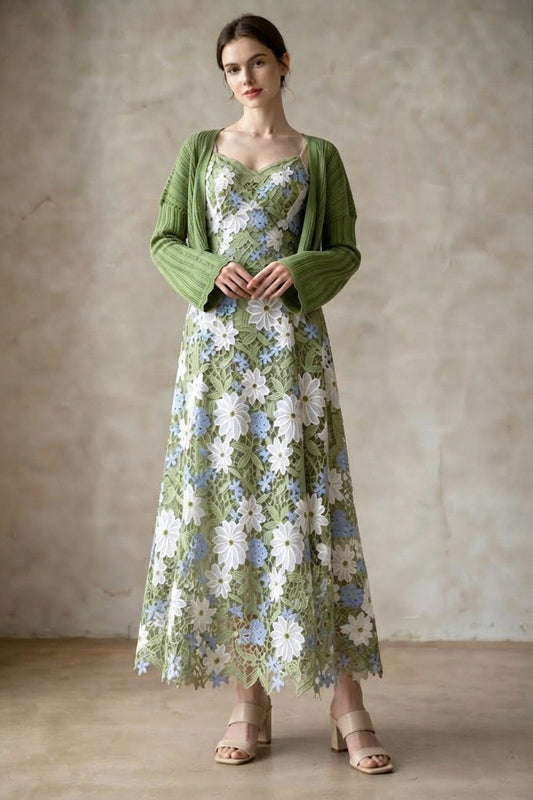 Green Floral Lace Slip Dress & Cropped Shrug Two-Piece Set