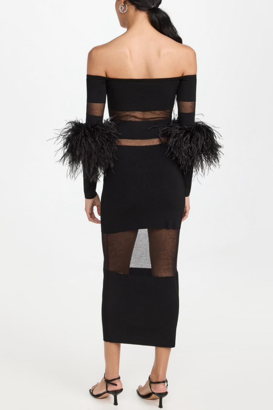 Off Shoulder Feather Mesh Midi Bandage Dress - Black