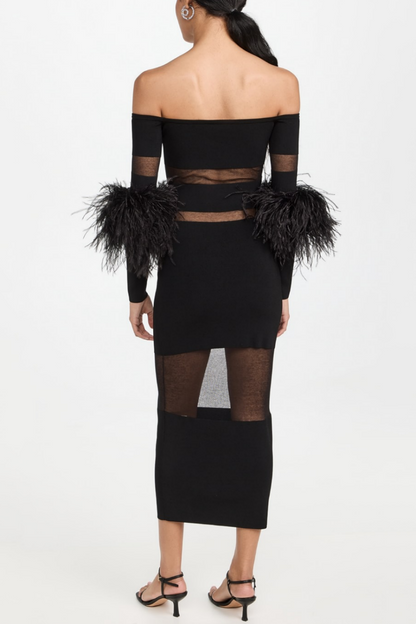 Off Shoulder Feather Mesh Midi Bandage Dress - Black