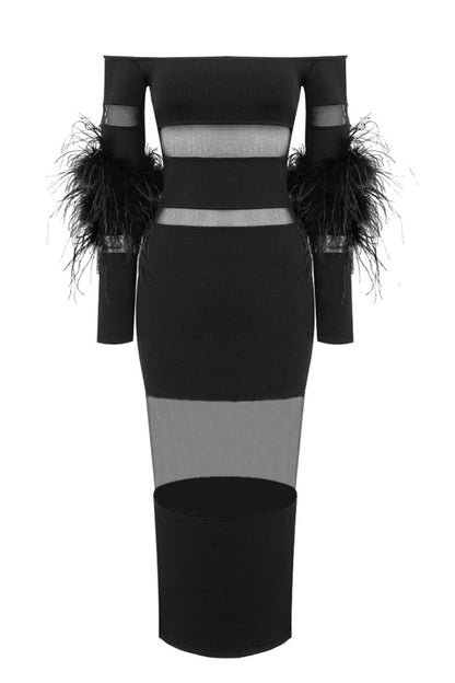 Off Shoulder Feather Mesh Midi Bandage Dress - Black