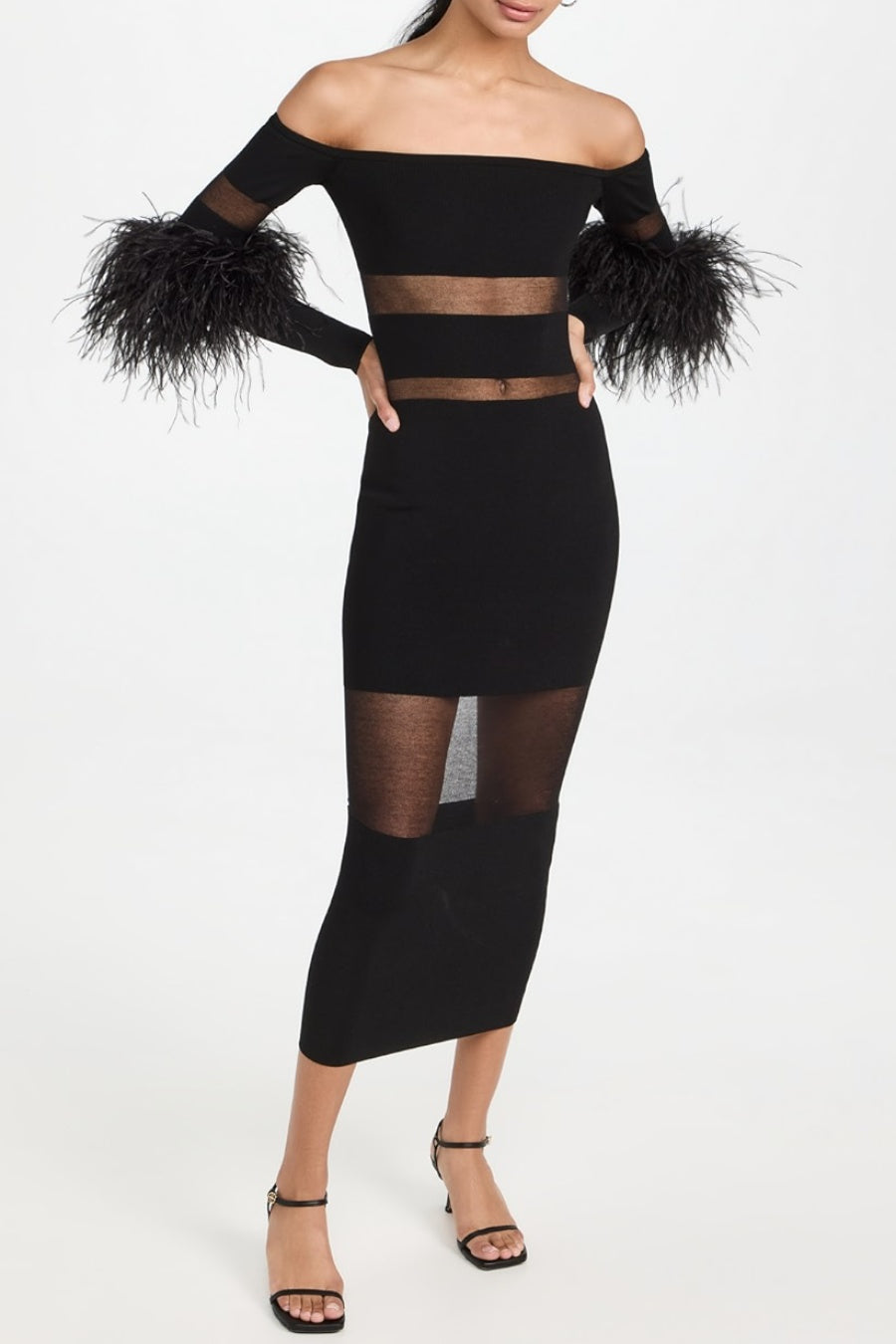 Off Shoulder Feather Mesh Midi Bandage Dress - Black