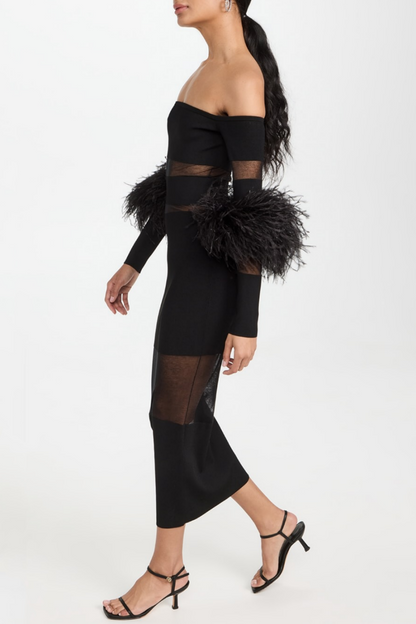 Off Shoulder Feather Mesh Midi Bandage Dress - Black