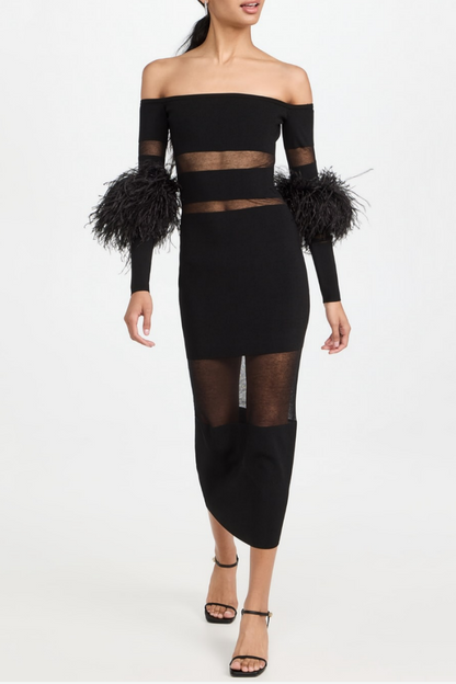 Off Shoulder Feather Mesh Midi Bandage Dress - Black