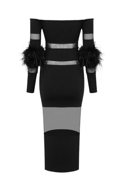 Off Shoulder Feather Mesh Midi Bandage Dress - Black