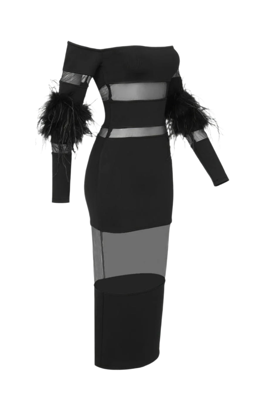 Off Shoulder Feather Mesh Midi Bandage Dress - Black
