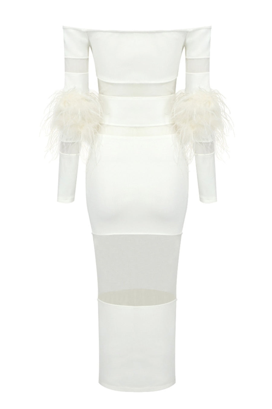 Off Shoulder Feather Mesh Midi Bandage Dress - White