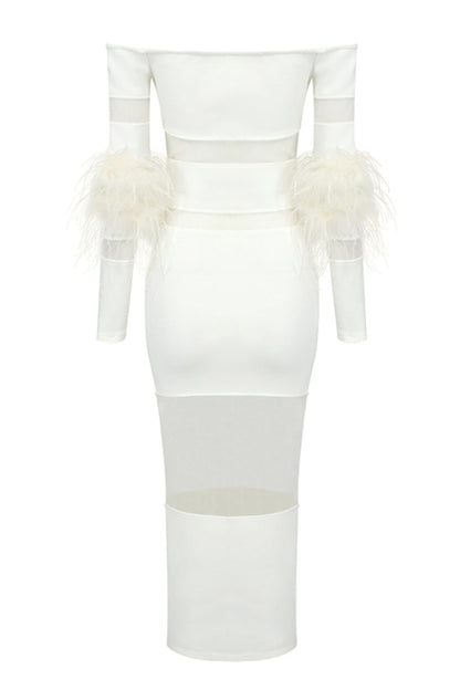 Off Shoulder Feather Mesh Midi Bandage Dress - White