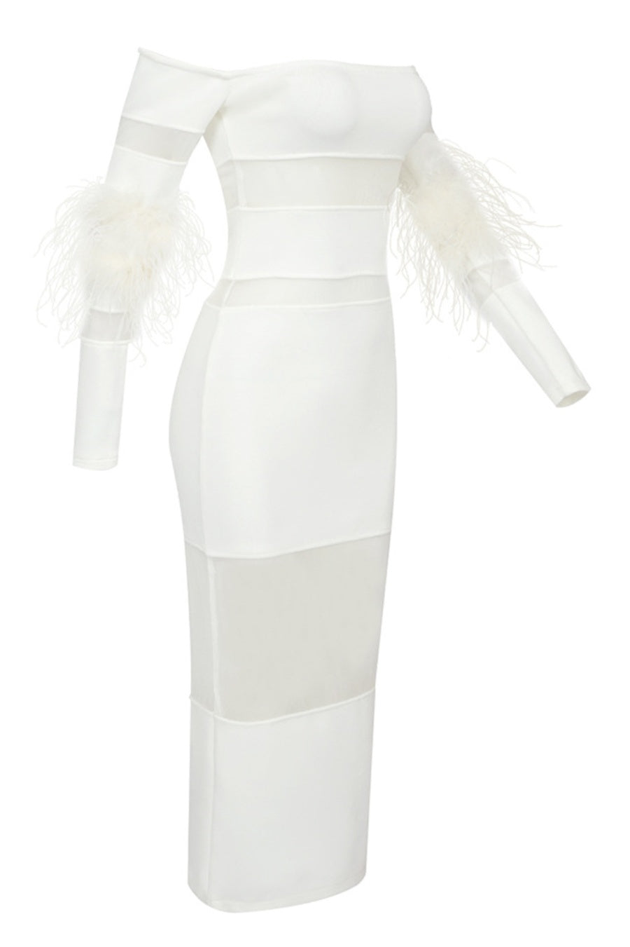 Off Shoulder Feather Mesh Midi Bandage Dress - White