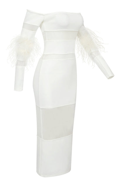 Off Shoulder Feather Mesh Midi Bandage Dress - White
