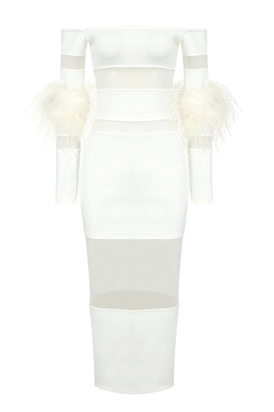 Off Shoulder Feather Mesh Midi Bandage Dress - White