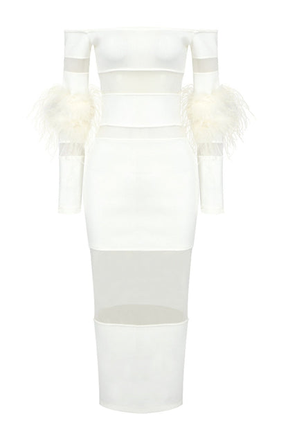 Off Shoulder Feather Mesh Midi Bandage Dress - White