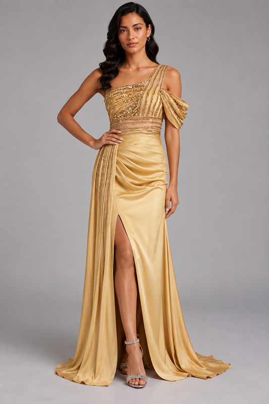 One Shoulder Beaded Mesh Draped Satin Mermaid Evening Gown