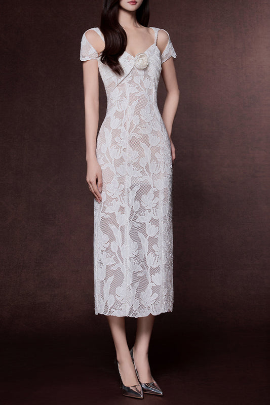 phoenix floral Applique hollow lace Midi Dress - white