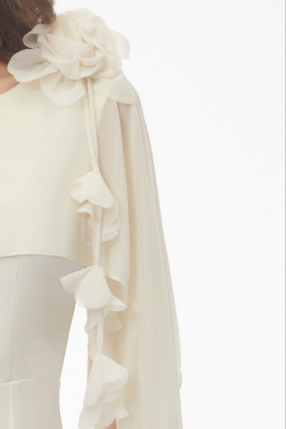 Cape Sleeve 3D Floral Chiffon Midi Mermaid Dress