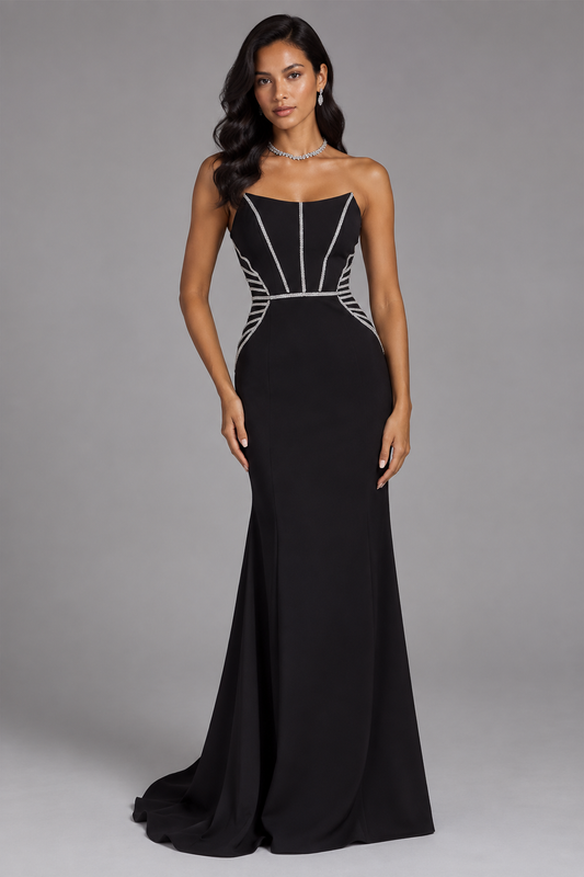 Black Lace-Up Back Maxi Dress with Embellished Mesh Panels