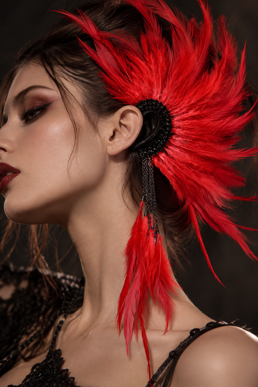 Dramatic Red Feather Ear Cuff, Black Rhinestone Ear Wrap with Silver Chain Tassel