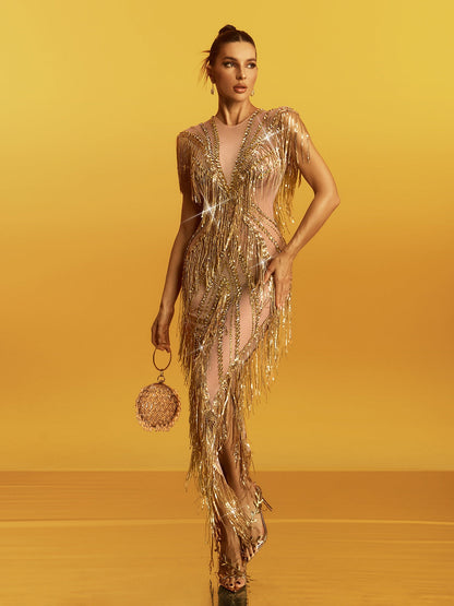 roberta Fringe Sequin Crystal Maxi Dress In Gold