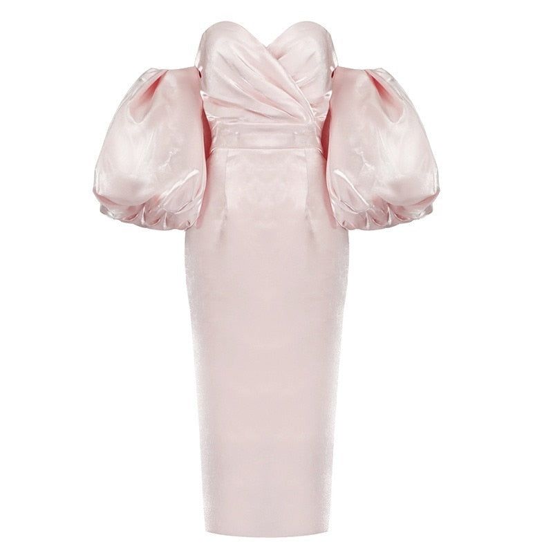 Smiley Puff Sleeve Satin Midi Dress in pink