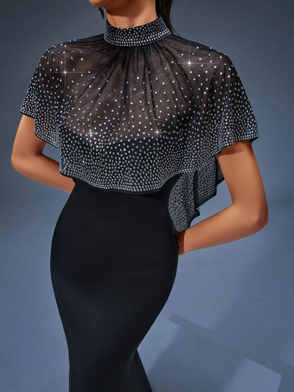 iris Beaded Neck Tulle Cape Maxi Dress in black