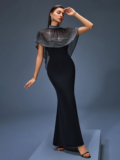 iris Beaded Neck Tulle Cape Maxi Dress in black