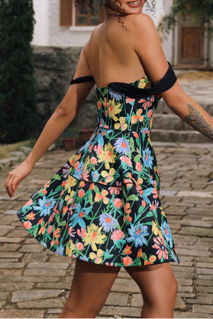 simona Colorful print A Line Strap Satin mini Dress