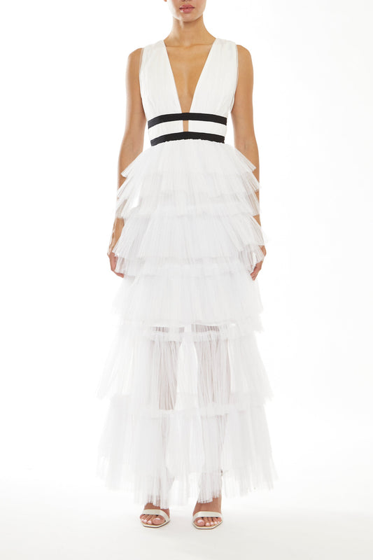 Eliza White Plunging Neck Layered Tulle Skirt Maxi-Dress
