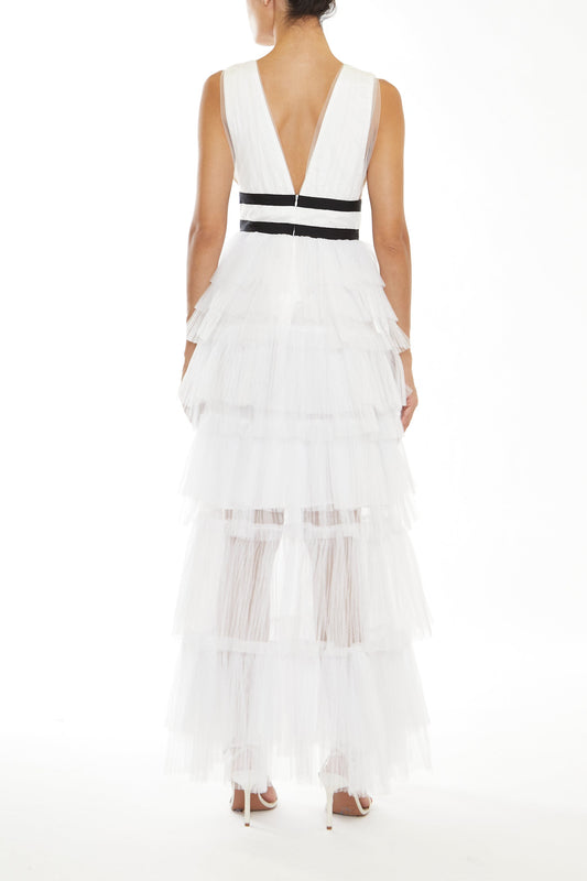 Eliza White Plunging Neck Layered Tulle Skirt Maxi-Dress
