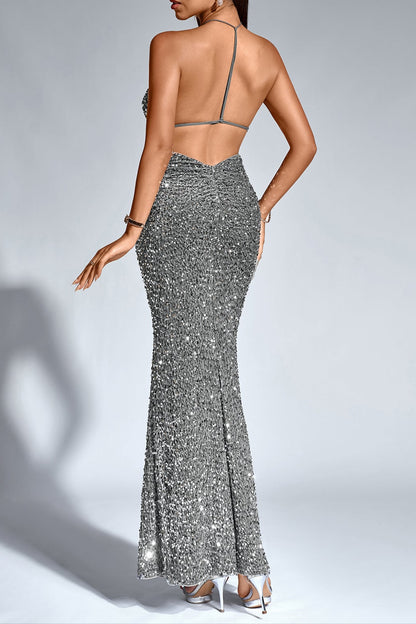 Halter Stereo Flower Sequin Mermaid Dress